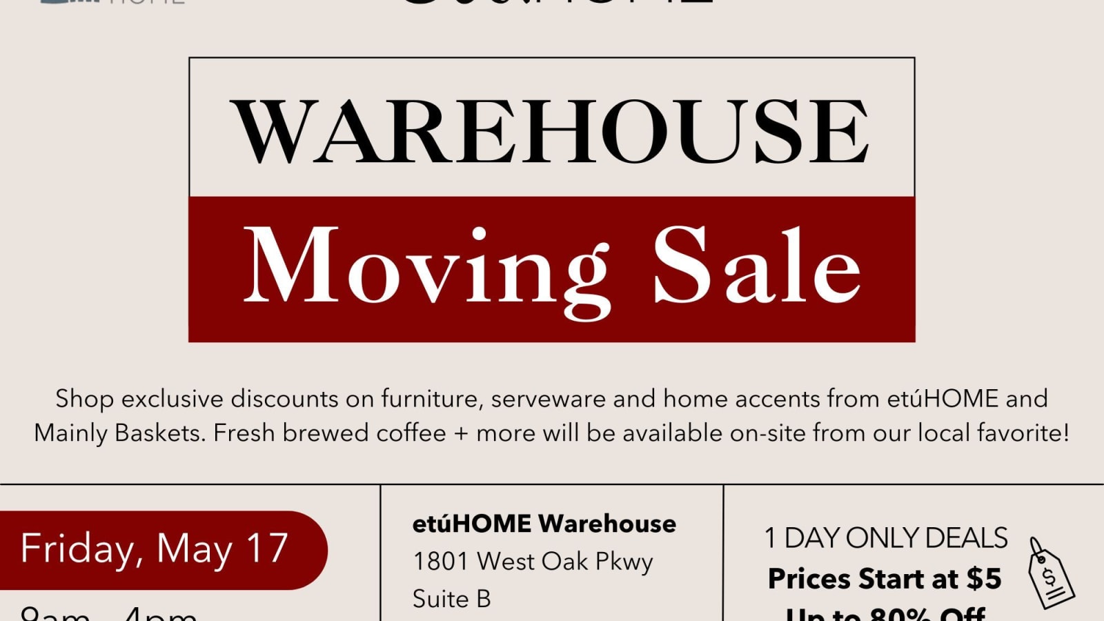 etúHOME Warehouse Moving Sale